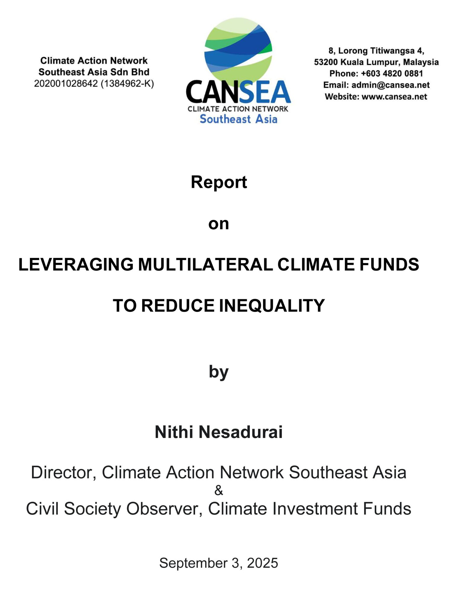 Report on Leveraging Multilateral Climate Funds to Reduce Inequality ...
